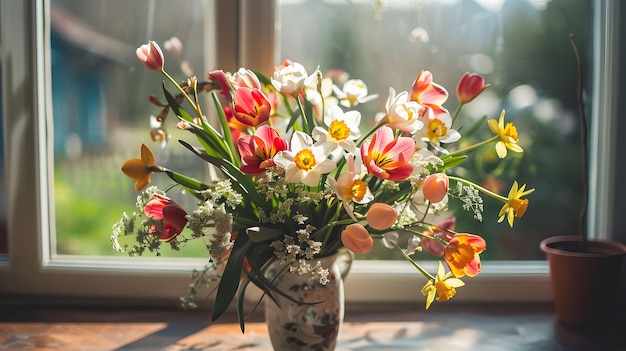 Ein Bouquet aus frischen bunten Gartenblumen wie Tulpen und Narzissen in einer Keramikvase auf dem Tisch zu Hause am Frühlingstag