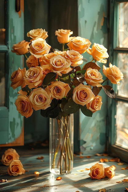 ein Bouquet aus goldenen Rosen in einer Glasvase auf einem alten blauen Wandhintergrund