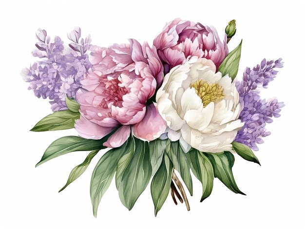 Ein Bouquet aus Lila und Pfeunen im Stil eines Aquarellgemäldes, das auf einem weißen Hintergrund isoliert ist