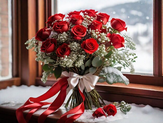 Ein Bouquet aus roten Rosen, verflochten mit dem zarten Atem des Babys und mit einem Satinband verbunden, sitzt auf einer Fensterbank mit Blick auf eine schneebedeckte Landschaft