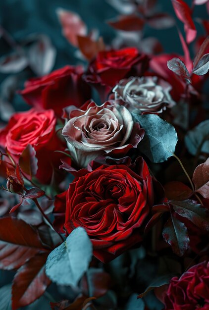 Ein Bouquet aus roten und rosa Rosen auf einem dunklen Hintergrund