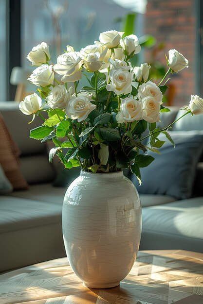 ein Bouquet aus weißen Rosen in einer Keramikvase auf einem Holztisch im modernen Wohnzimmerhintergrund