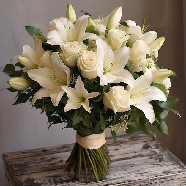 ein Bouquet aus weißen Rosen mit grünen Blättern und weißen Blumen.