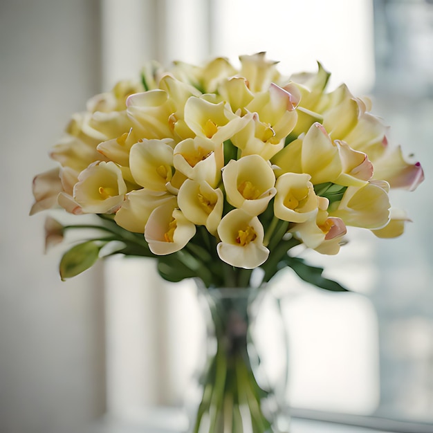 ein Bouquet gelber und weißer Blumen in einer Vase