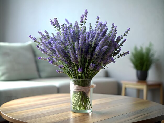 ein Bouquet Lavendel mit einem Band, das um die Vase auf einem Tisch gebunden ist