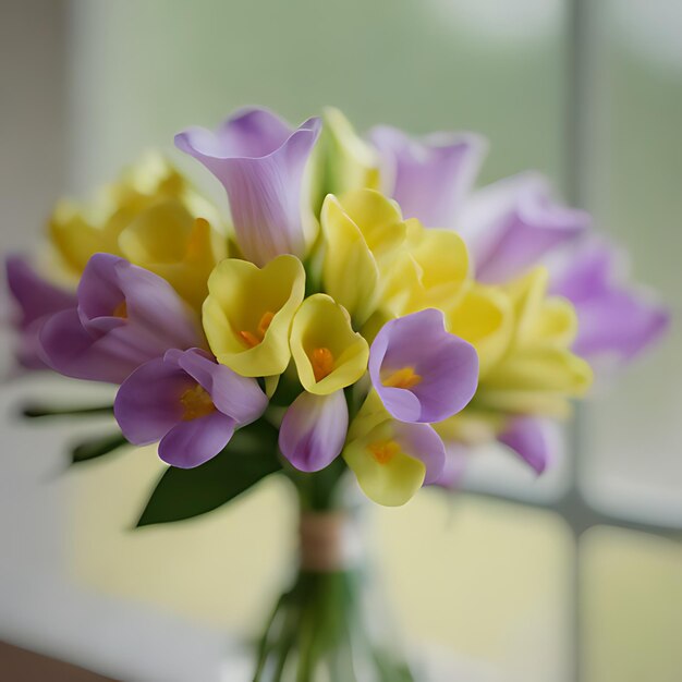 ein Bouquet purpurfarbener und gelber Blumen in einer Glasvase