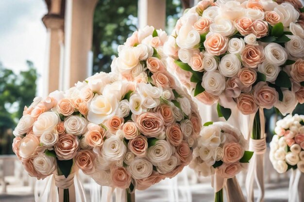 ein Bouquet rosa Rosen mit einem weißen Band