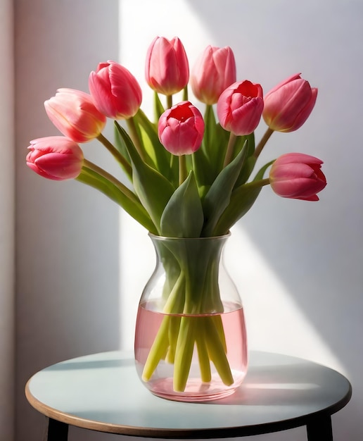 Foto ein bouquet rosa tulpen mit grünen blättern in einer vase mit wenig wasser