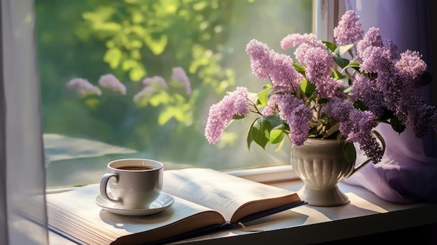 Foto ein bouquet von lila in einer kaffeetasse und bücher auf der fensterbank