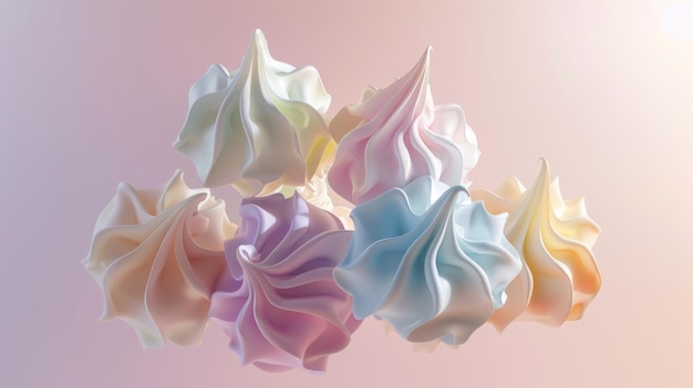 Ein Bouquet von pastellfarbenen Meringue-Küssen im Stil isolierter fliegender Objekte im Memphis-Stil im Rendering von KI-generierten Illustrationen
