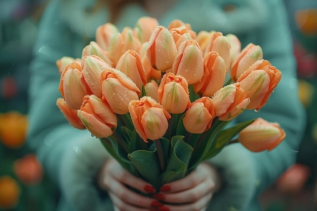 Ein Bouquet von Pfirsich-Tulpen in weiblichen Händen