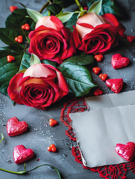 Foto ein bouquet von rosen und eine karte mit einer karte, auf der liebe steht