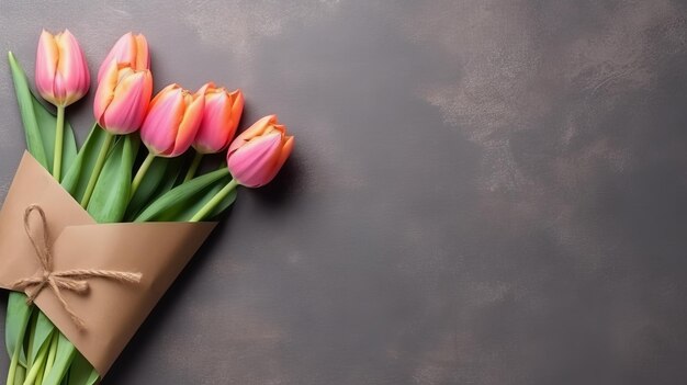 Ein Bouquet von Tulpen in einem Umschlag mit flacher Oberfläche