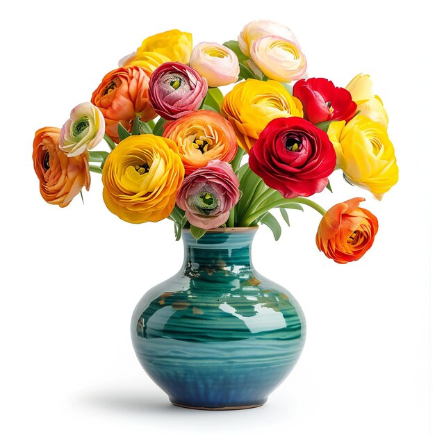 Ein Bouquet von Tulpen in einer blauen Vase, isoliert auf weißem Hintergrund