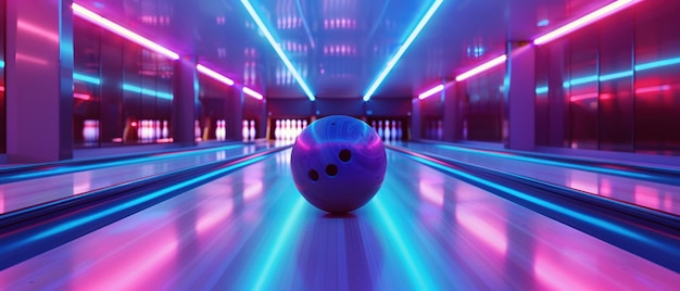 Ein Bowlingball rollt in einer von Neonlichtern beleuchteten Gasse in einer zeitgenössischen Bowlingbahn