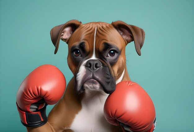 ein Boxer mit roten Boxhandschuhen in Form eines Hundes