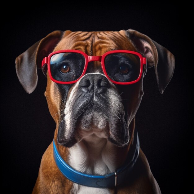 Ein Boxerhund mit roter Brille und blauem Halsband.