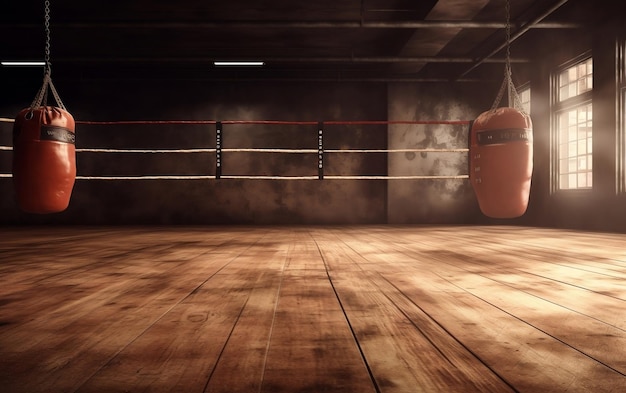 Ein Boxring in einer Turnhalle mit einem roten Boxsack in der Ecke