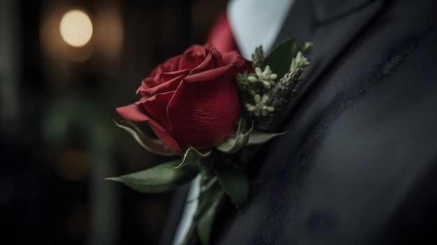 Ein Bräutigam trägt an seinem Hochzeitstag eine rote Rose