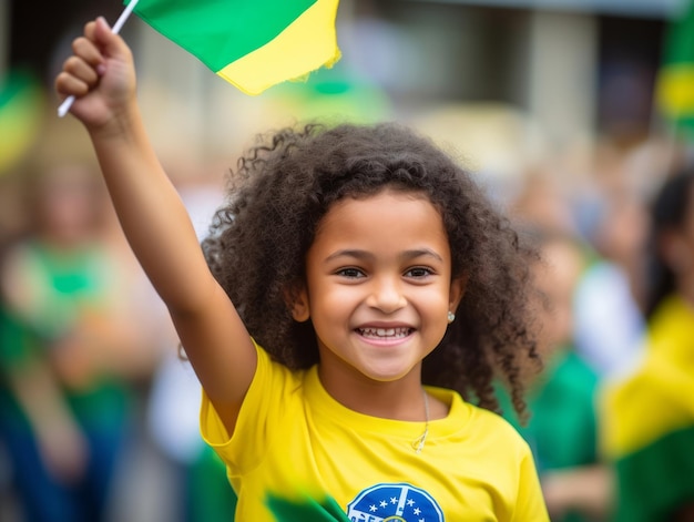 Ein brasilianisches Kind feiert den Sieg seines Fußballteams