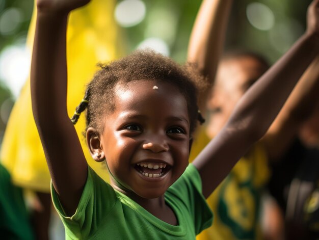 Ein brasilianisches Kind feiert den Sieg seines Fußballteams