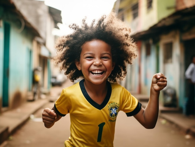 Ein brasilianisches Kind feiert den Sieg seines Fußballteams