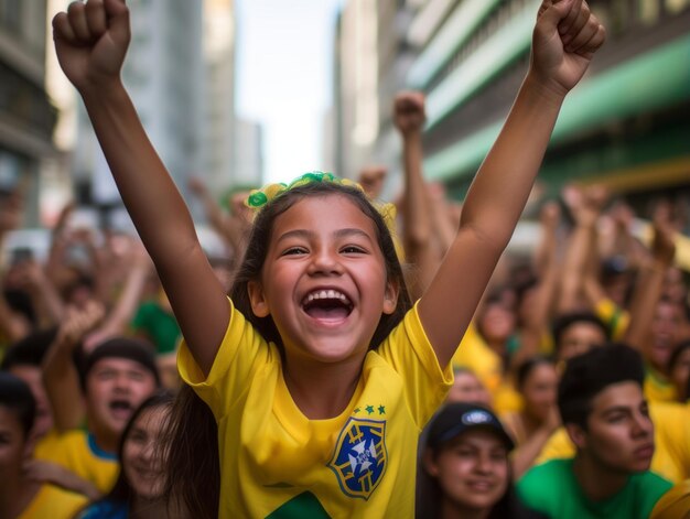 Ein brasilianisches Kind feiert den Sieg seines Fußballteams