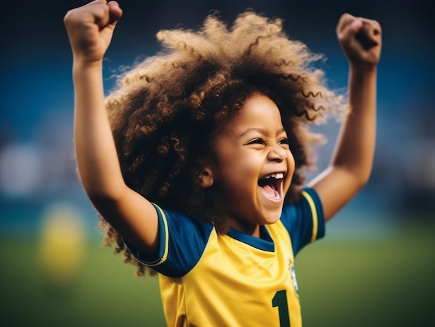 Ein brasilianisches Kind feiert den Sieg seines Fußballteams