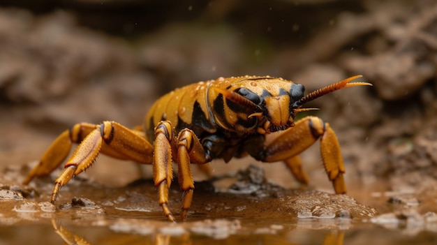 Ein braun-schwarzer Skorpion sitzt auf einer nassen Oberfläche.