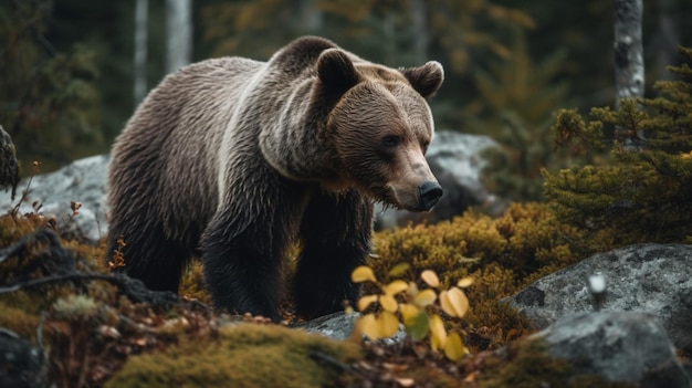 Ein Braunbär, der in einem Wald spaziert