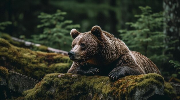 Ein Braunbär sitzt auf einem moosigen Felsen in einem Wald.