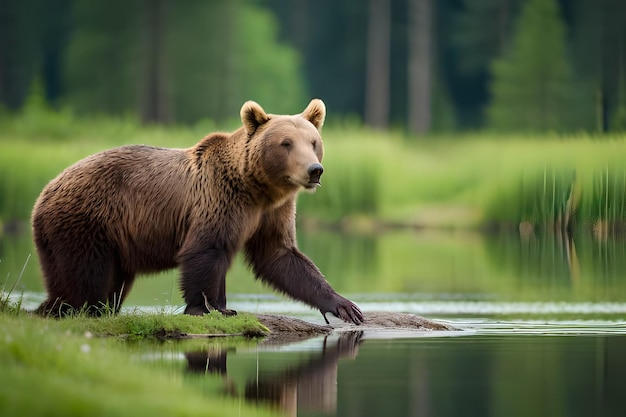 Ein Braunbär steht an einem Flussufer.