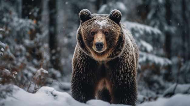 Ein Braunbär steht im Schnee im Wald.