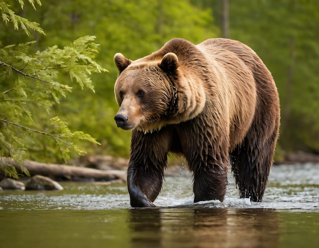 ein brauner Bär geht in Wasser in der Nähe eines Waldes