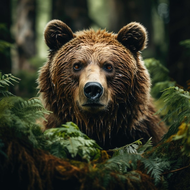 ein brauner Bär steht im Wald.