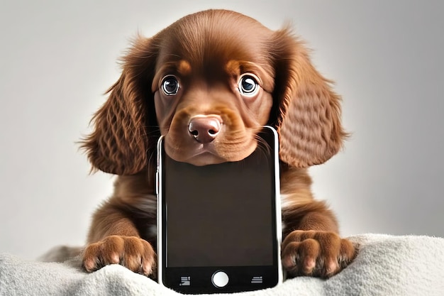 Ein brauner Hund hält ein Smartphone in der Schnauze. Hunde- und Telefon-KI generiert