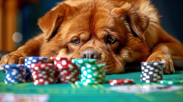 Ein brauner Hund liegt auf einem grünen Tisch mit einem Poker-Gesicht der Hund ist von Poker-Chips und Karten umgeben