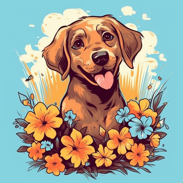 ein brauner Hund mit Blumen und Schmetterlingen auf einem blauen Hintergrund