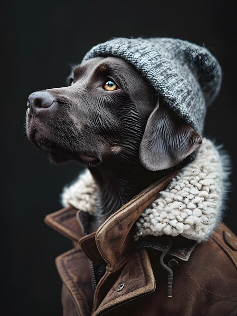 Ein brauner Hund mit Hut und Jacke