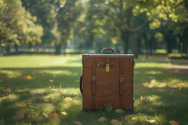 Ein brauner Koffer sitzt im Gras in einem Park mit Bäumen im Hintergrund und Blättern auf dem