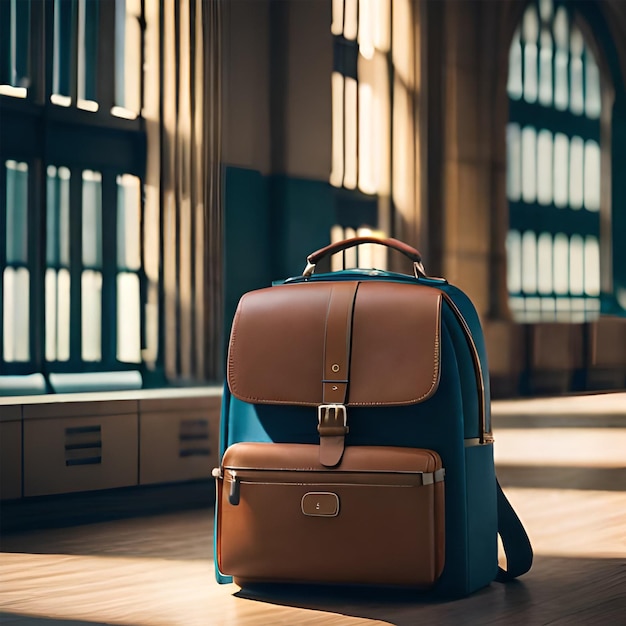 Ein brauner Rucksack auf dem Boden am Fenster