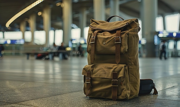 Ein brauner Rucksack sitzt auf dem Boden eines Flughafens