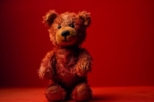 Foto ein brauner teddybär mit rotem hintergrund