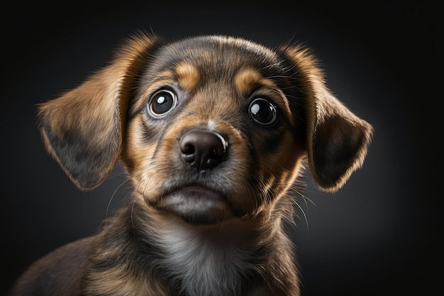 Ein brauner und schwarzer Hund, der zur generativen KI der Kamera aufblickt