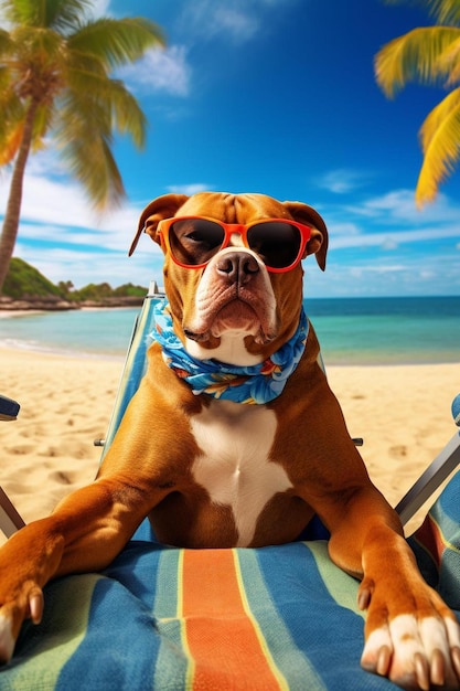 ein brauner und weißer Hund mit Sonnenbrille sitzt auf einem Strandstuhl