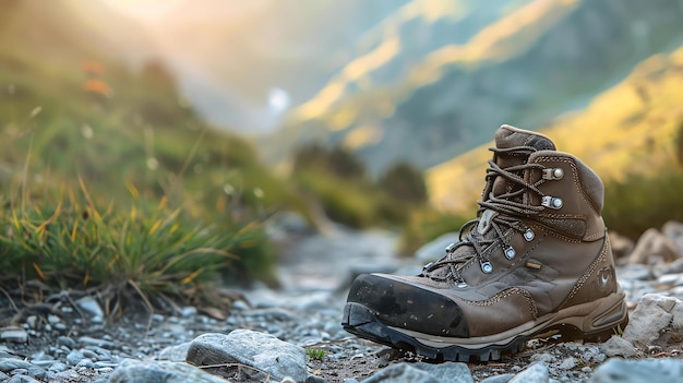 Foto ein brauner wanderstiefel sitzt auf einem felsigen weg in den bergen. der stiefel ist ungeschnürt und die oberseite ist nach unten gefaltet.