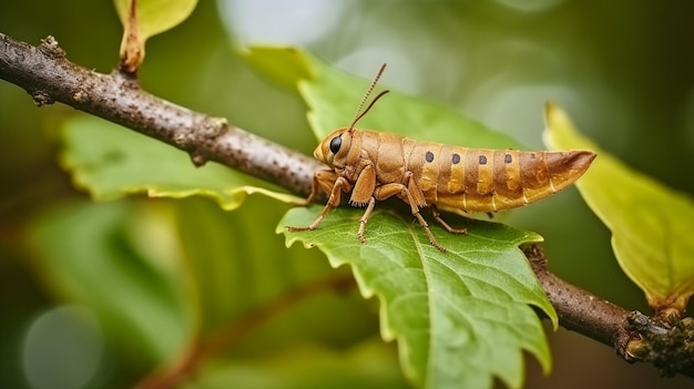 Ein braunes Insekt mit schwarzen Abzeichen im Gesicht sitzt auf einem Blatt.
