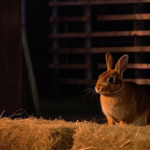 Ein braunes Kaninchen sitzt auf einem Heuballen vor einer Holzwand.