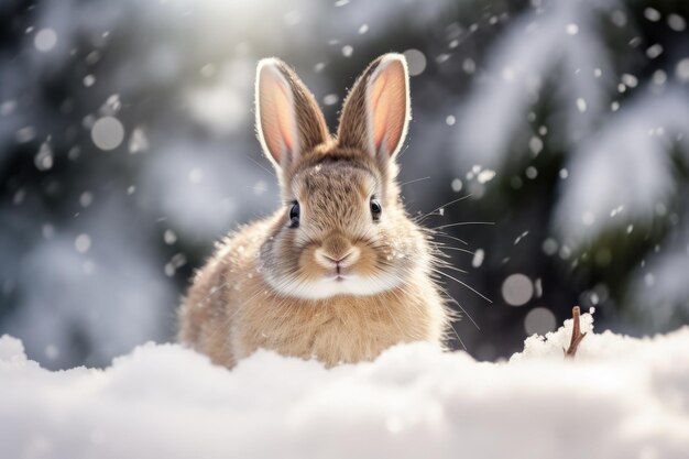 Ein braunes Kaninchen sitzt im Schnee