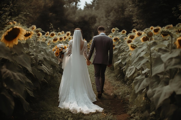 Ein Brautpaar geht durch ein Sonnenblumenfeld